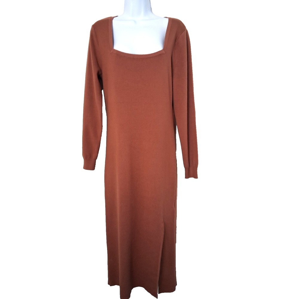 Rachel Zoe Brown Rib Knit Long Sleeve Square Neck Maxi Sweater Dress Size Large - Picture 1 of 8